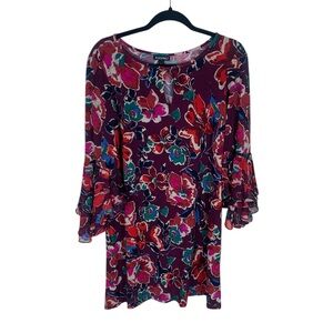 LAST CHANCE!! Roz & Ali Floral Long Bell Sleeve Keyhole Neck Knee Length Dress L
